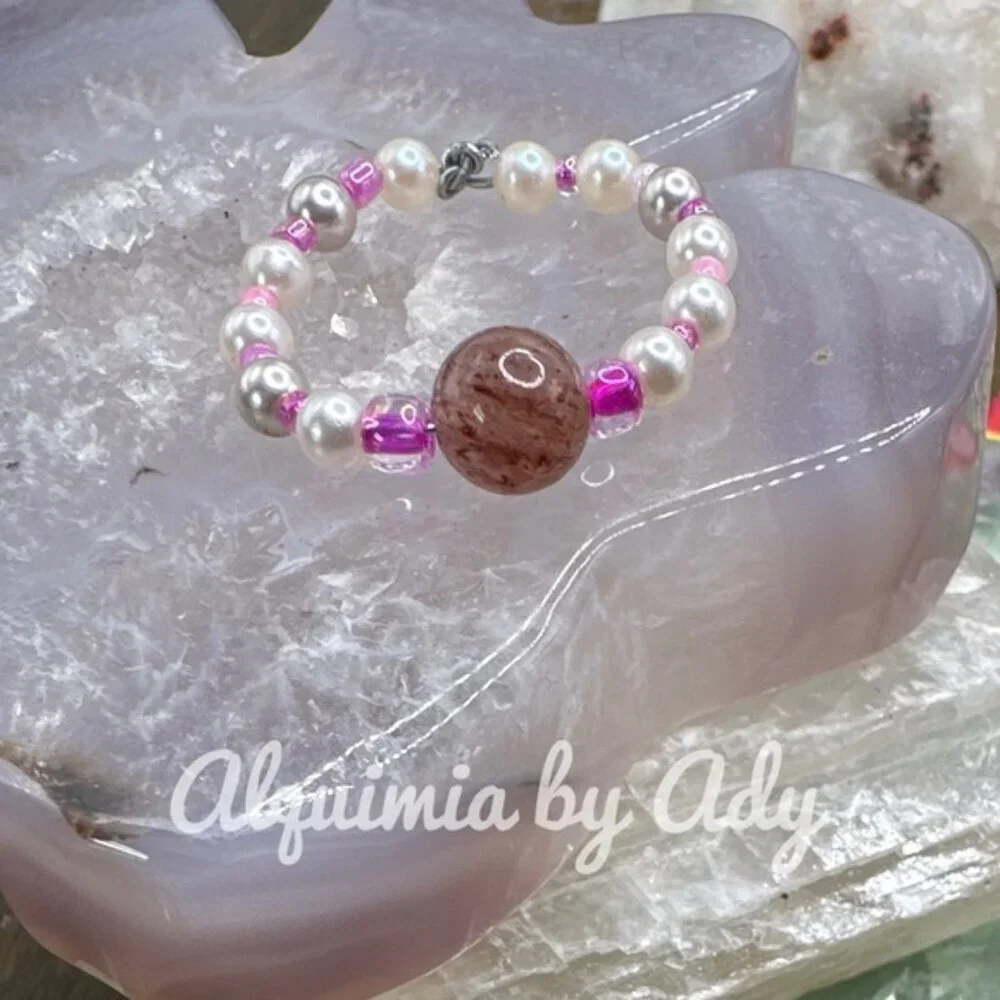 Pink and cherry quartz beaded ring - Picture 2 of 2